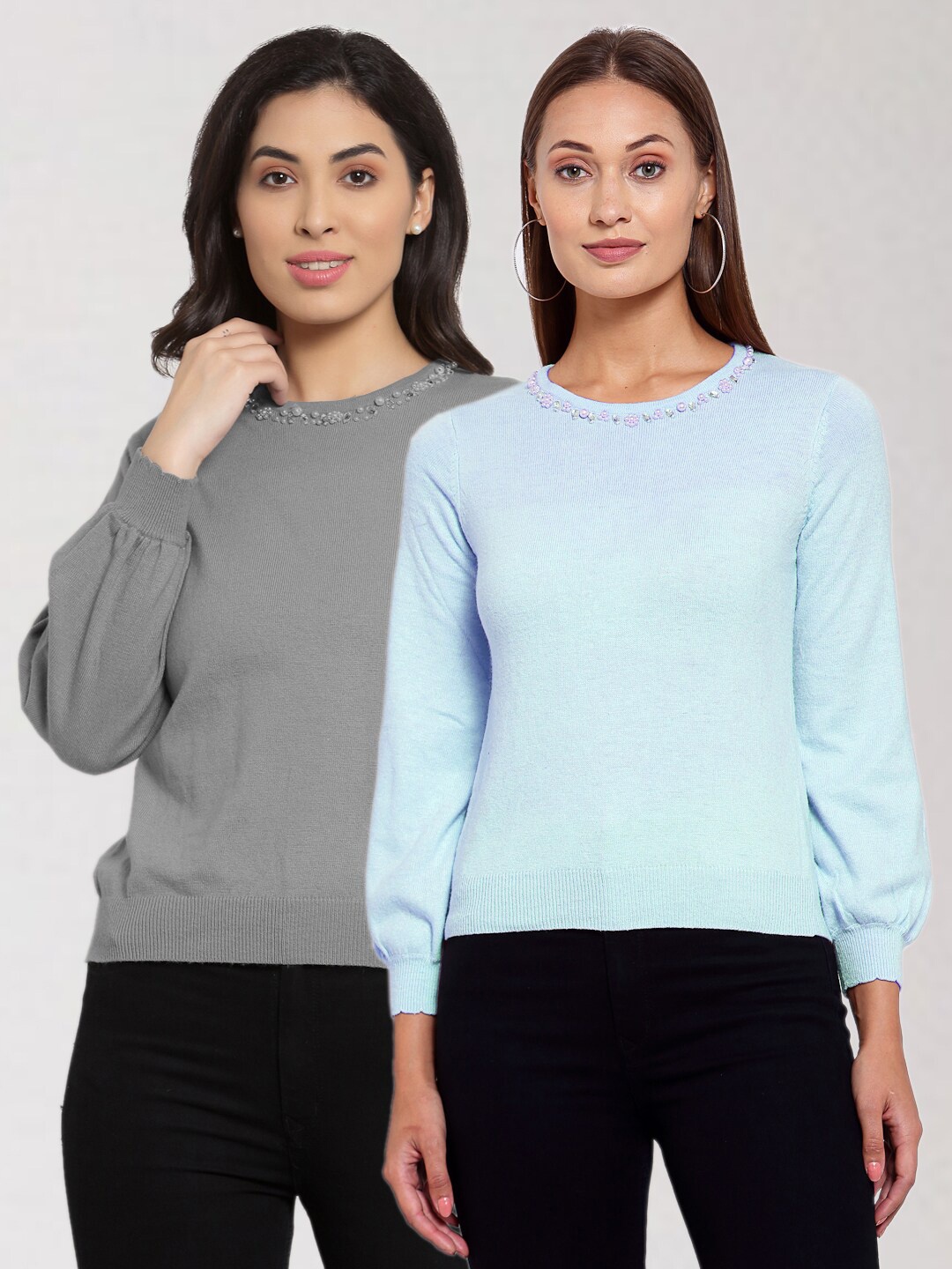 

KLOTTHE Women Pack Of 2 Grey & Blue Wool Pullover with Embellished Detail