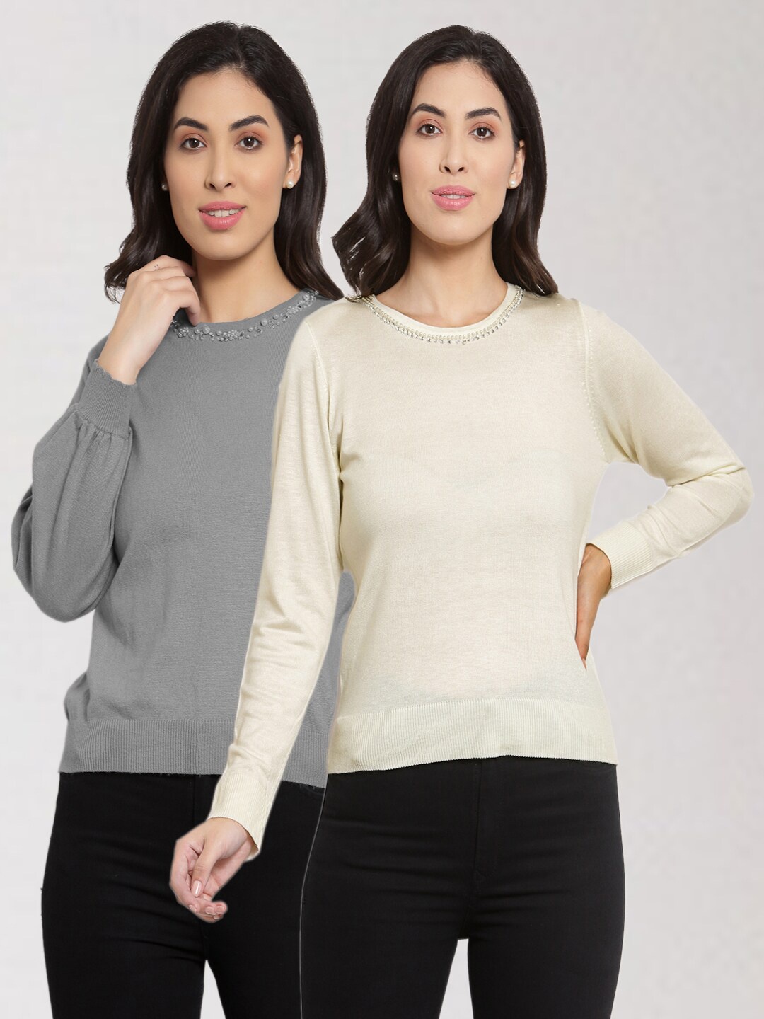

KLOTTHE Women Pack of 2 Grey & Cream-Coloured Pullover Sweaters