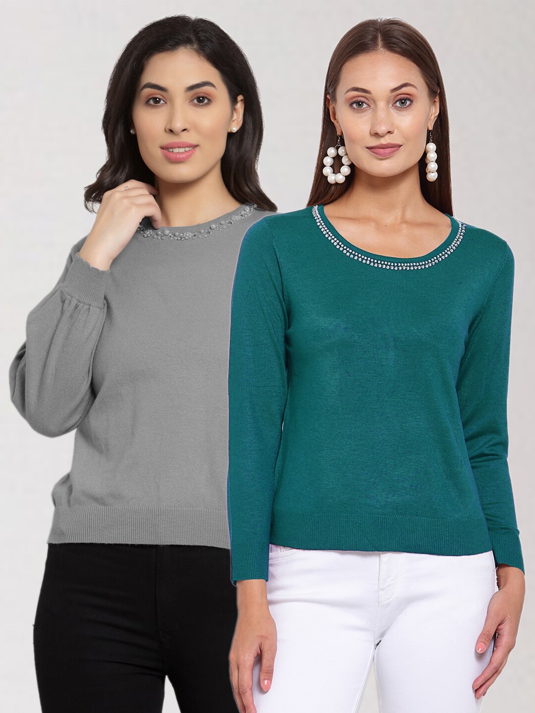 

KLOTTHE Women Grey & Teal Set of 2 Pullover
