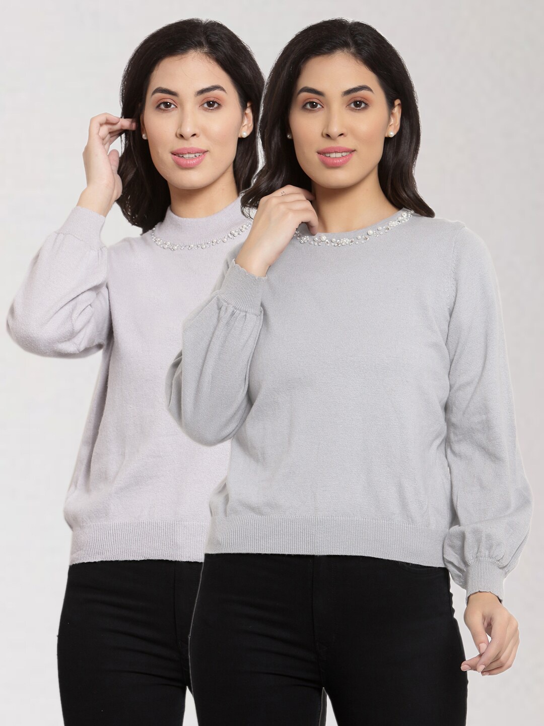 

KLOTTHE Women Pack Of 2 Grey & Off White Wool Pullover with Embellished Detail