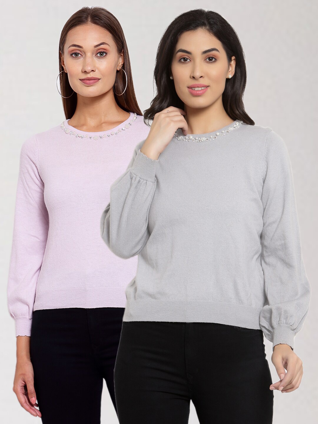 

KLOTTHE Women Pack Of 2 Pink & Grey Pullover with Embellished Detail
