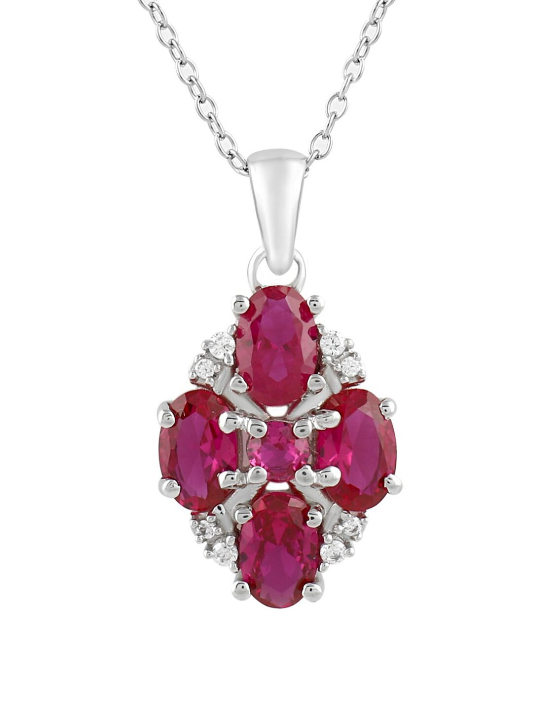 

LA SOULA Rhodium Plated White & Red Stone Studded Silver Pendant With Chain