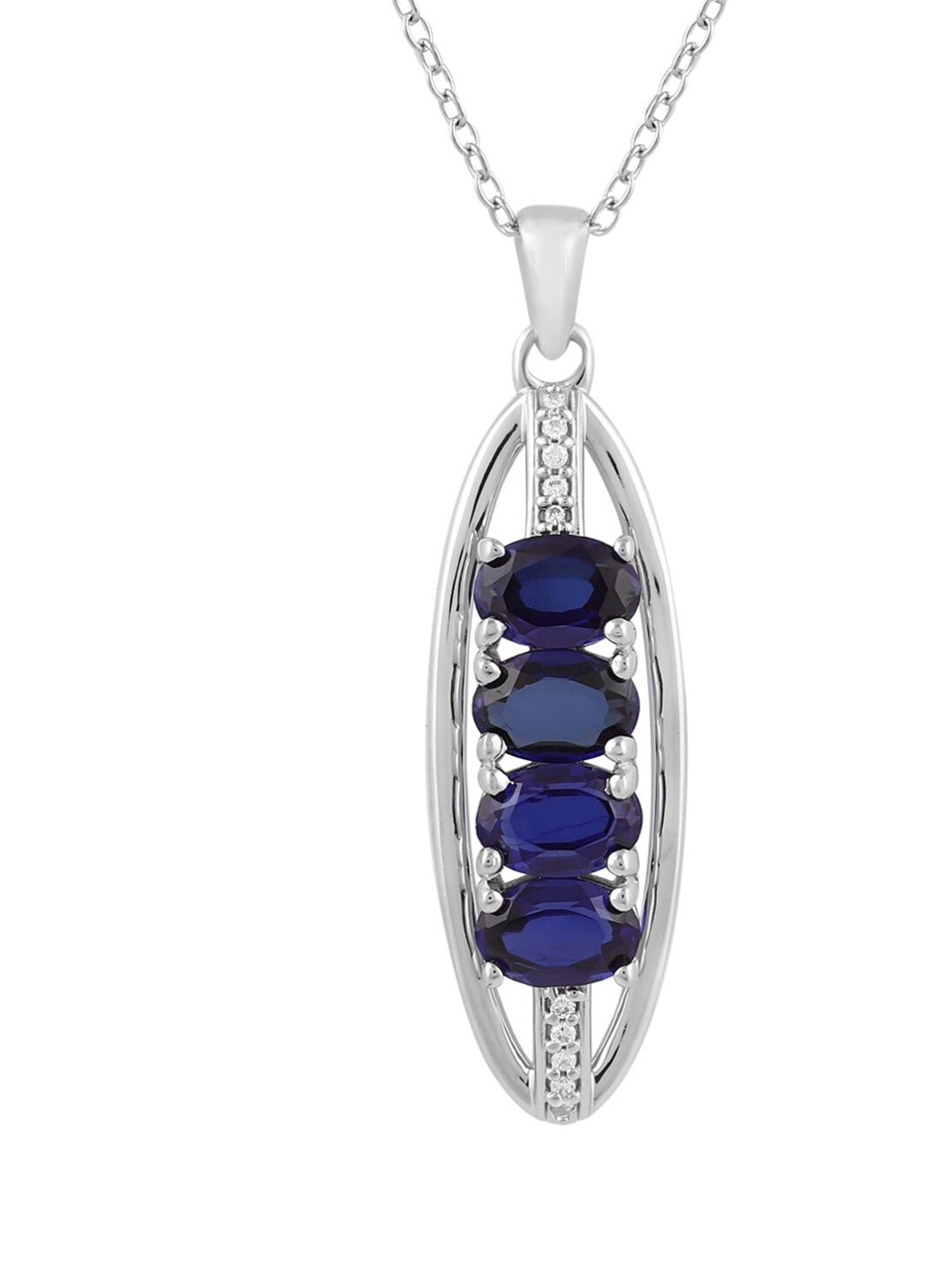 

LA SOULA Rhodium-Plated & Blue Sapphire Gemstone Pendant With Chain, Silver