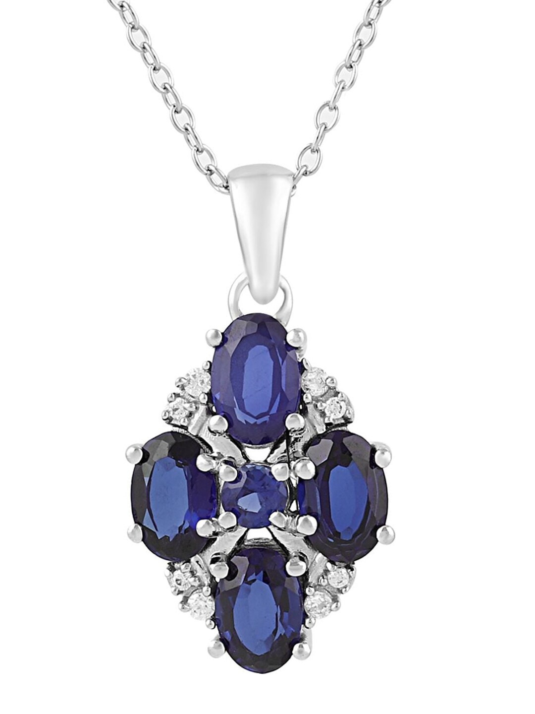 

LA SOULA Rhodium-Plated & White & Blue Stone Studded Pendant With Chain