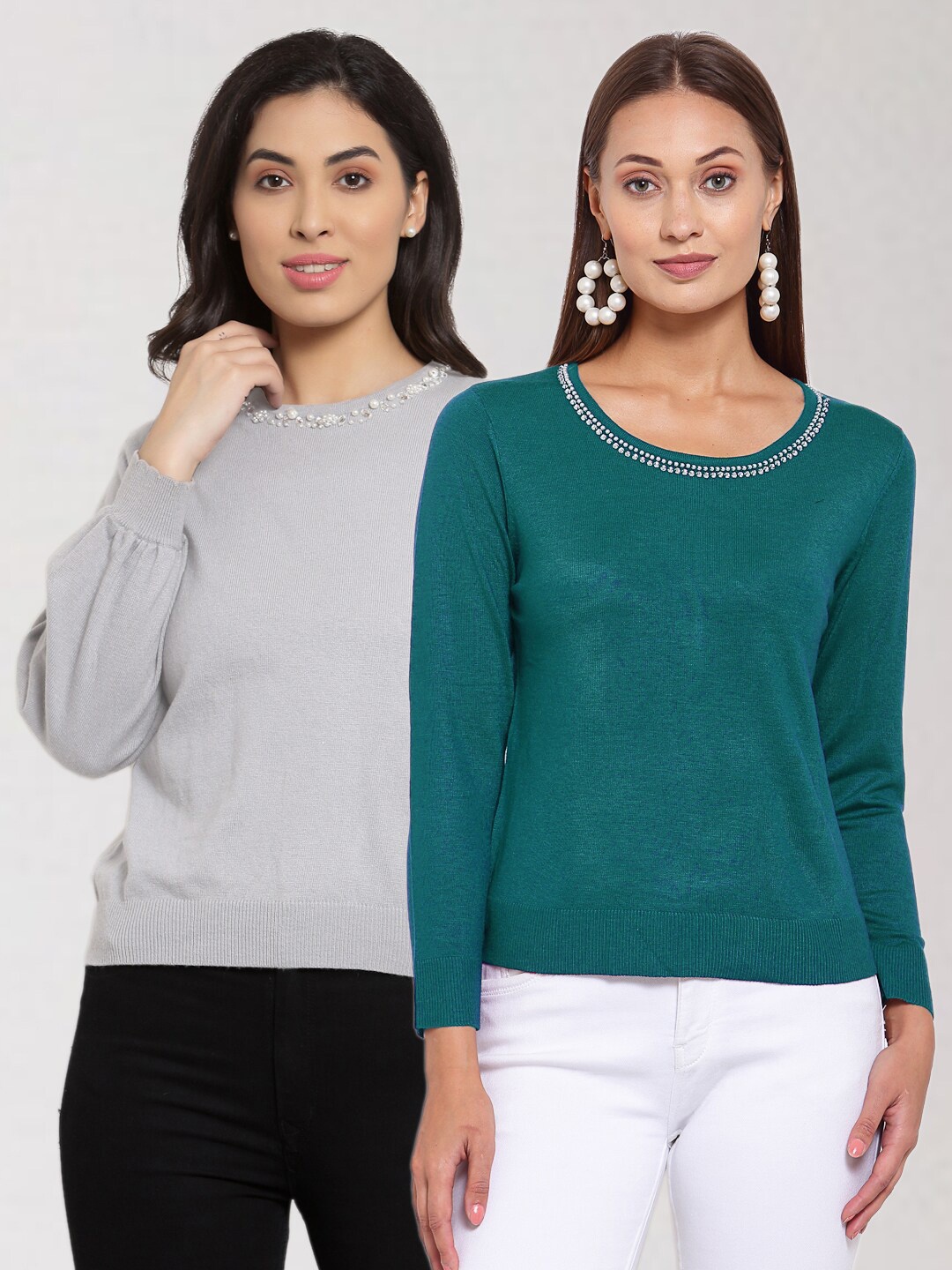 

KLOTTHE Women Pack Of 2 Grey & Green Wool Pullover