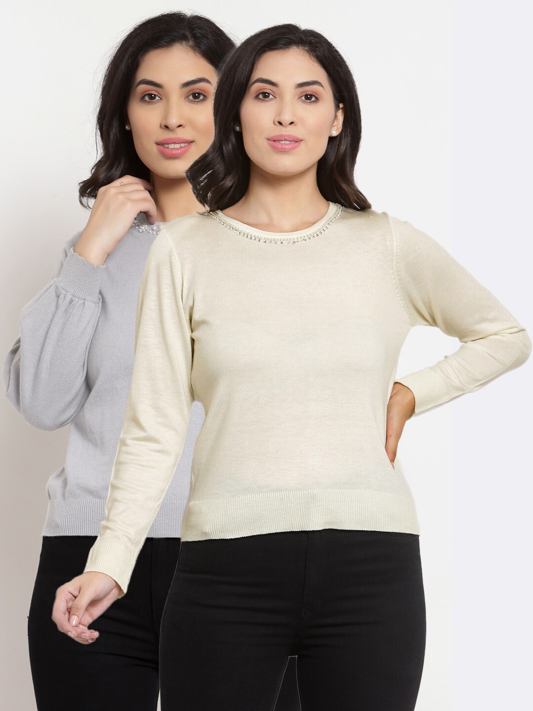 

KLOTTHE Women Pack Of 2 Grey & Cream-Coloured Wool Pullover