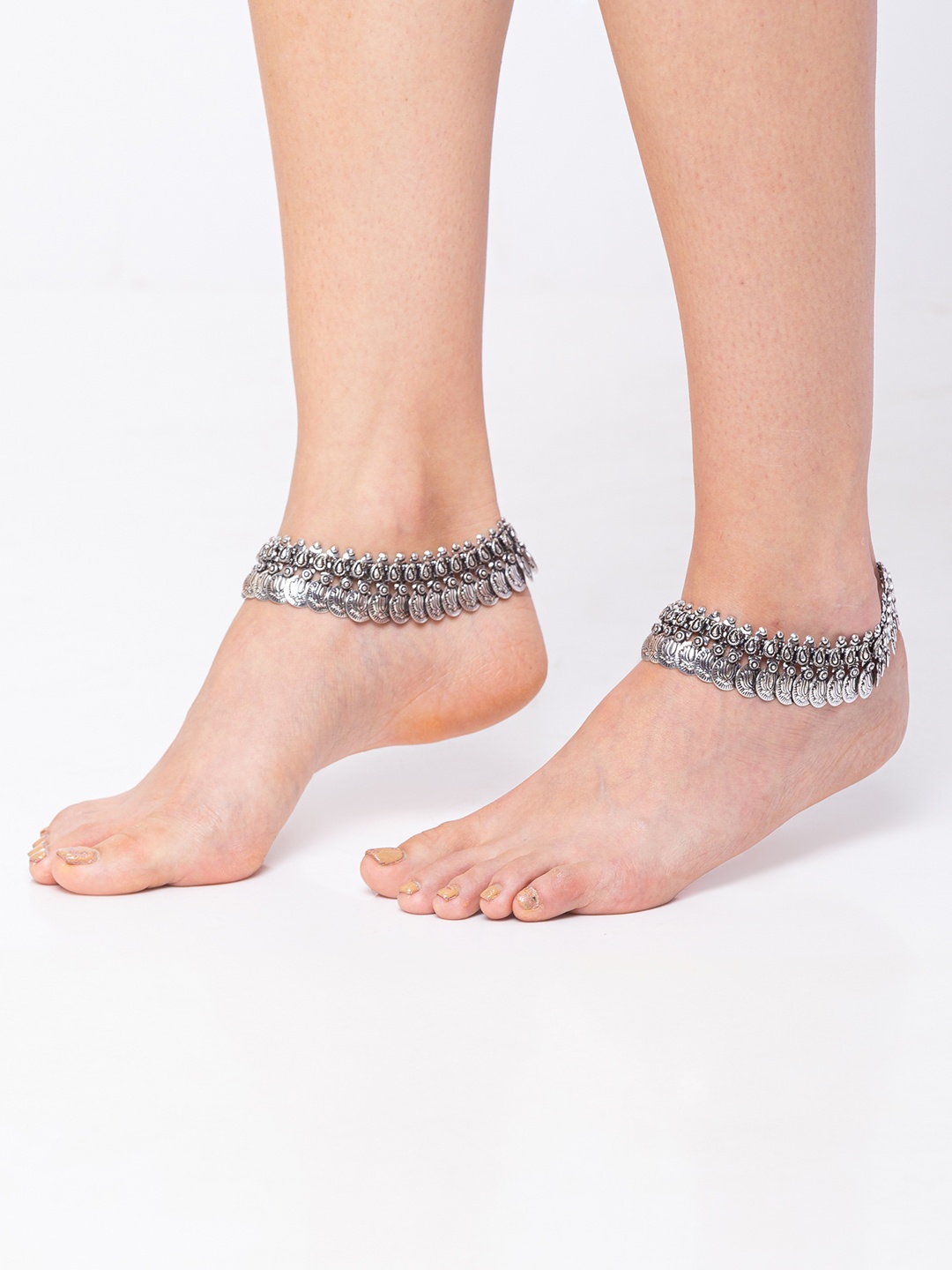 

Digital Dress Room Set of 2 Oxidised German Silver Coin Design Anklets With Silver-Plating