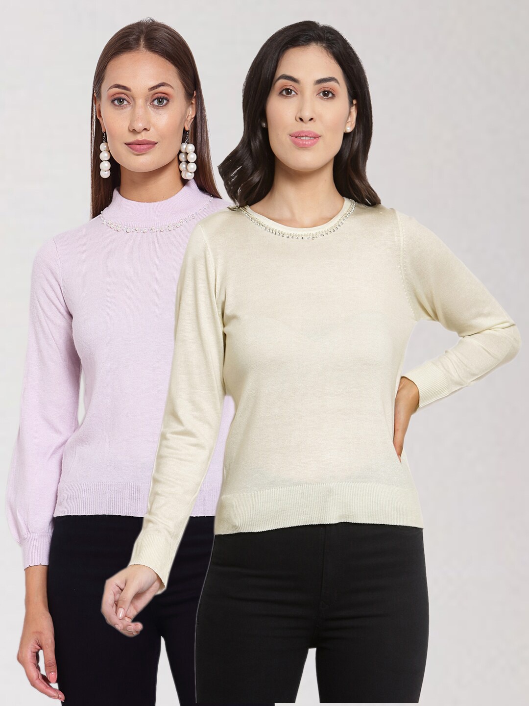 

KLOTTHE Women Pack of 2 Pink & Cream-Coloured Woolen Pullover Sweaters