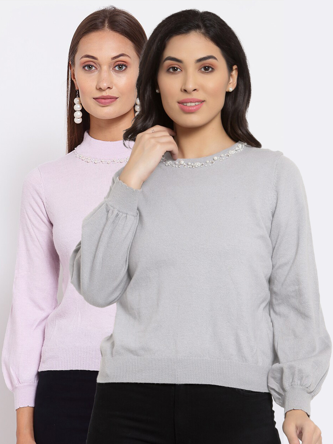 

KLOTTHE Women Pack Of 2 Pink & Grey Wool Pullover with Embellished Detail