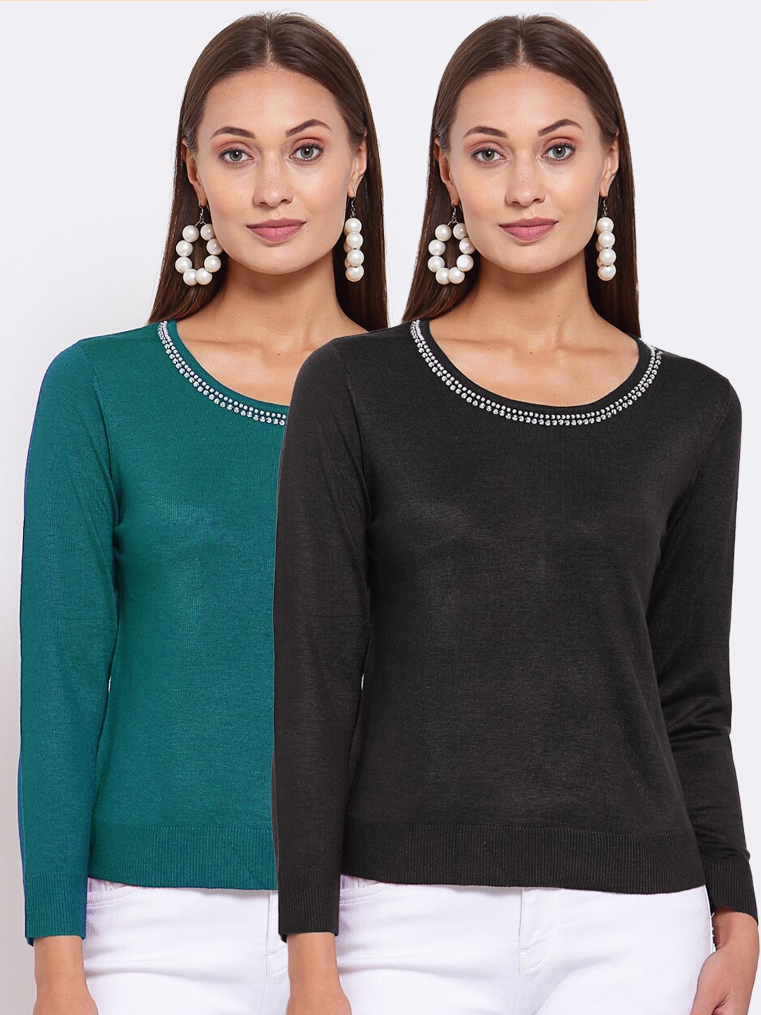 

KLOTTHE Women Pack of 2 Green & Black Woolen Pullover Sweaters