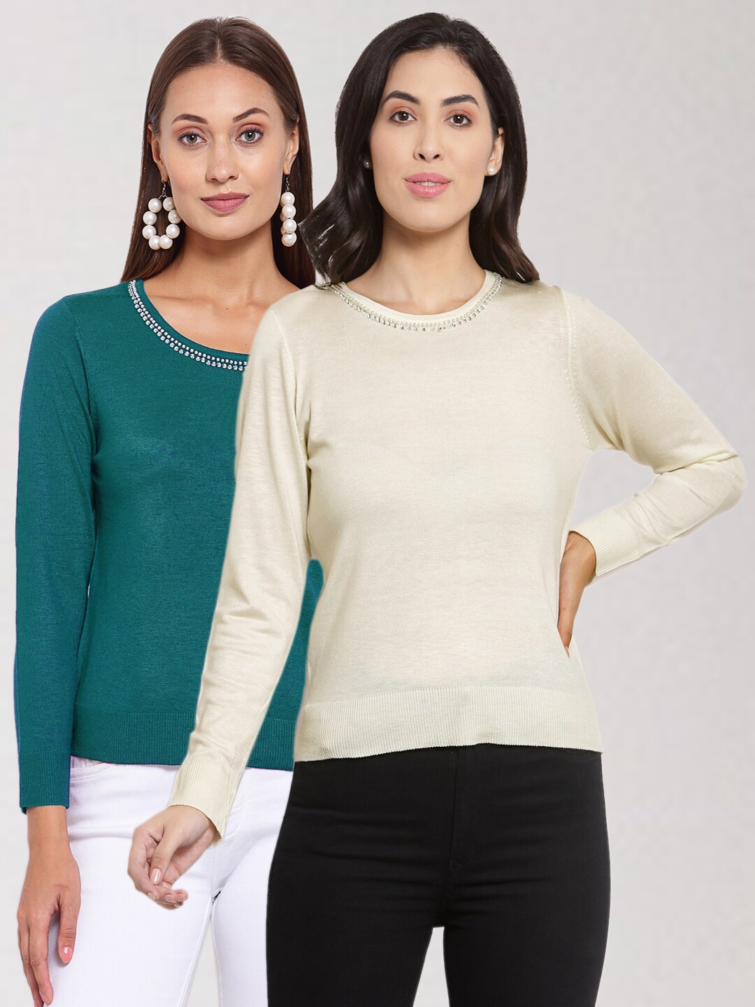 

KLOTTHE Women Teal & Off White Solid Pack Of 2 Sweaters