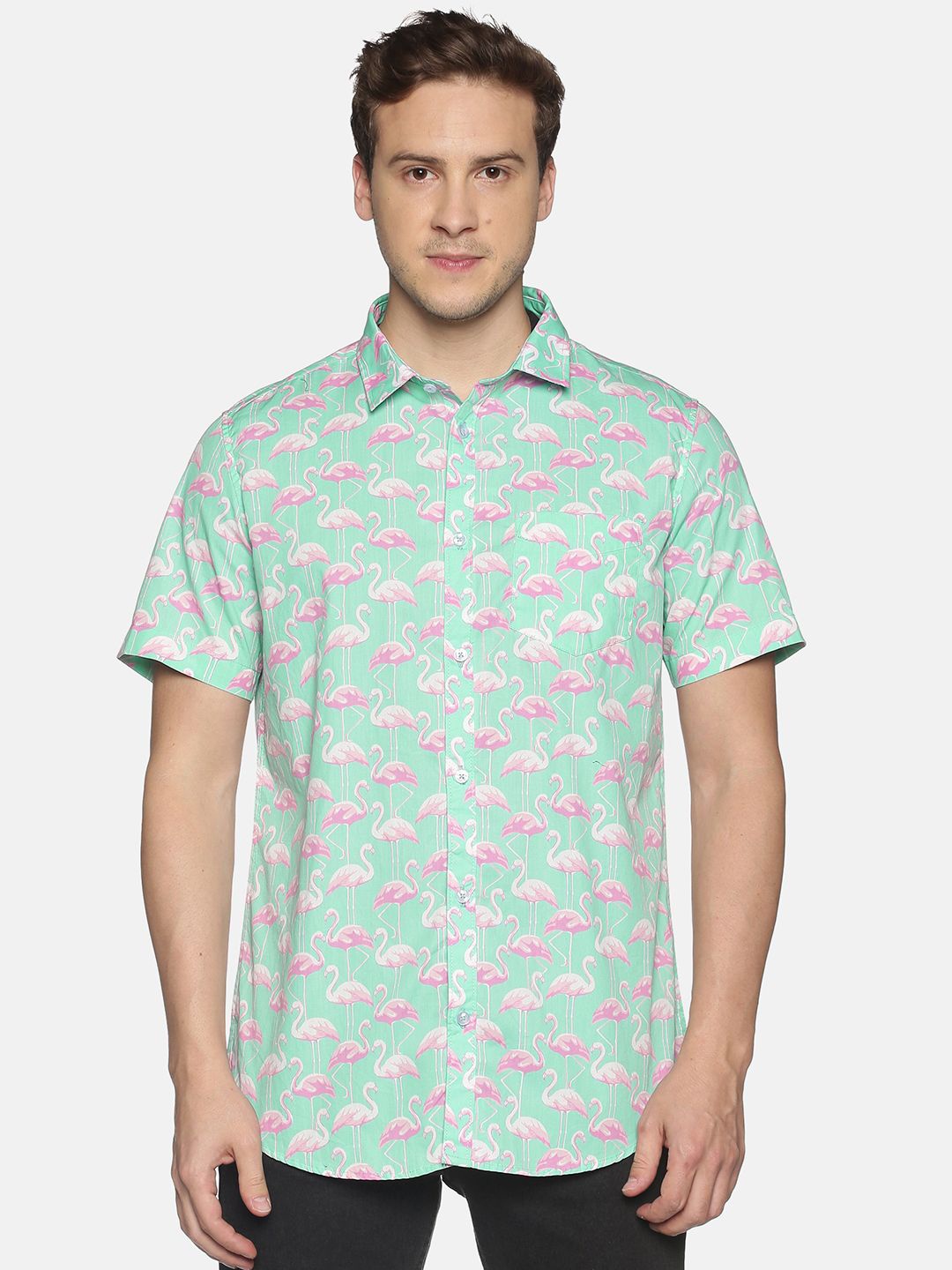 

Tusok Sea Green & Pink Opaque Flamingo Printed Pure Cotton Casual Shirt