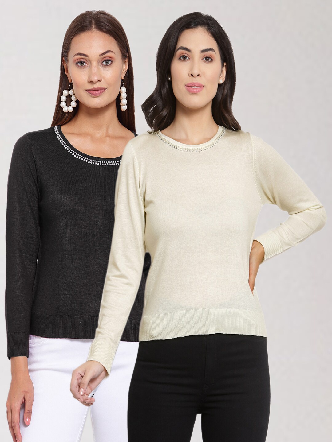 

KLOTTHE Women Pack Of 2 Black & Cream-Coloured Wool Pullover
