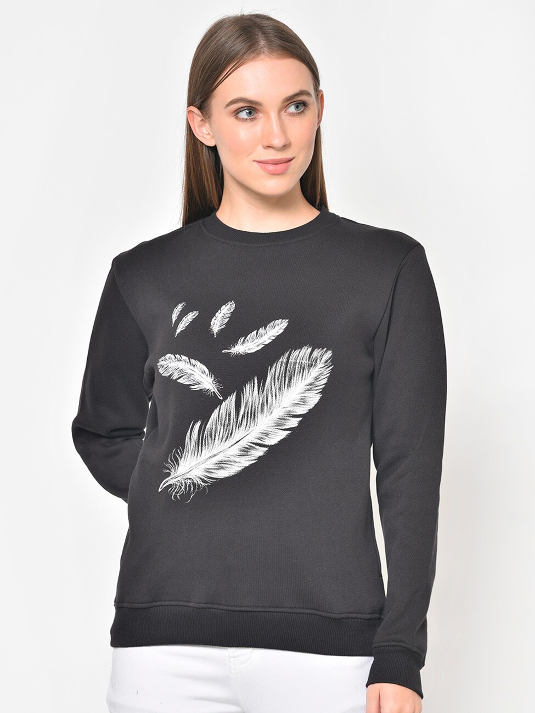 

Hapuka Women Black & White Graphic Printed Fleece Sweatshirt