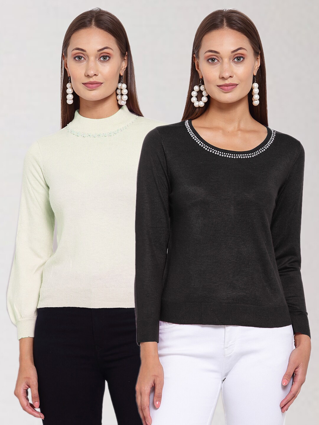 

KLOTTHE Women Pack Of 2 Solid Pullover Wool Sweater, Off white