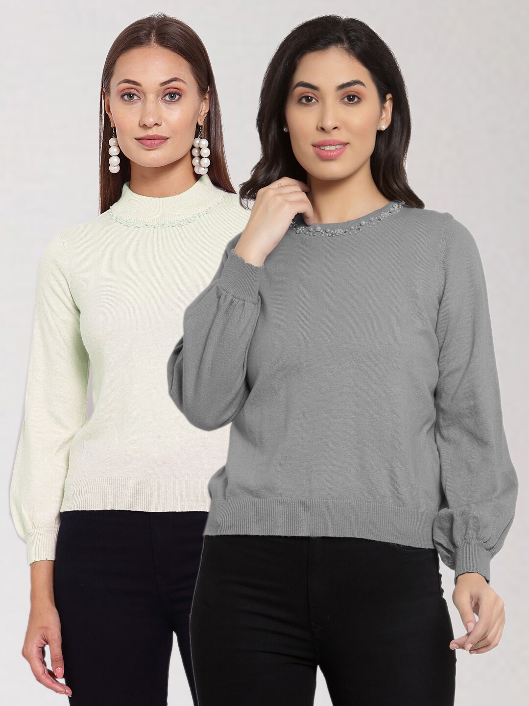 

KLOTTHE Women Off White & Grey Solid Set Of 2 Pullover