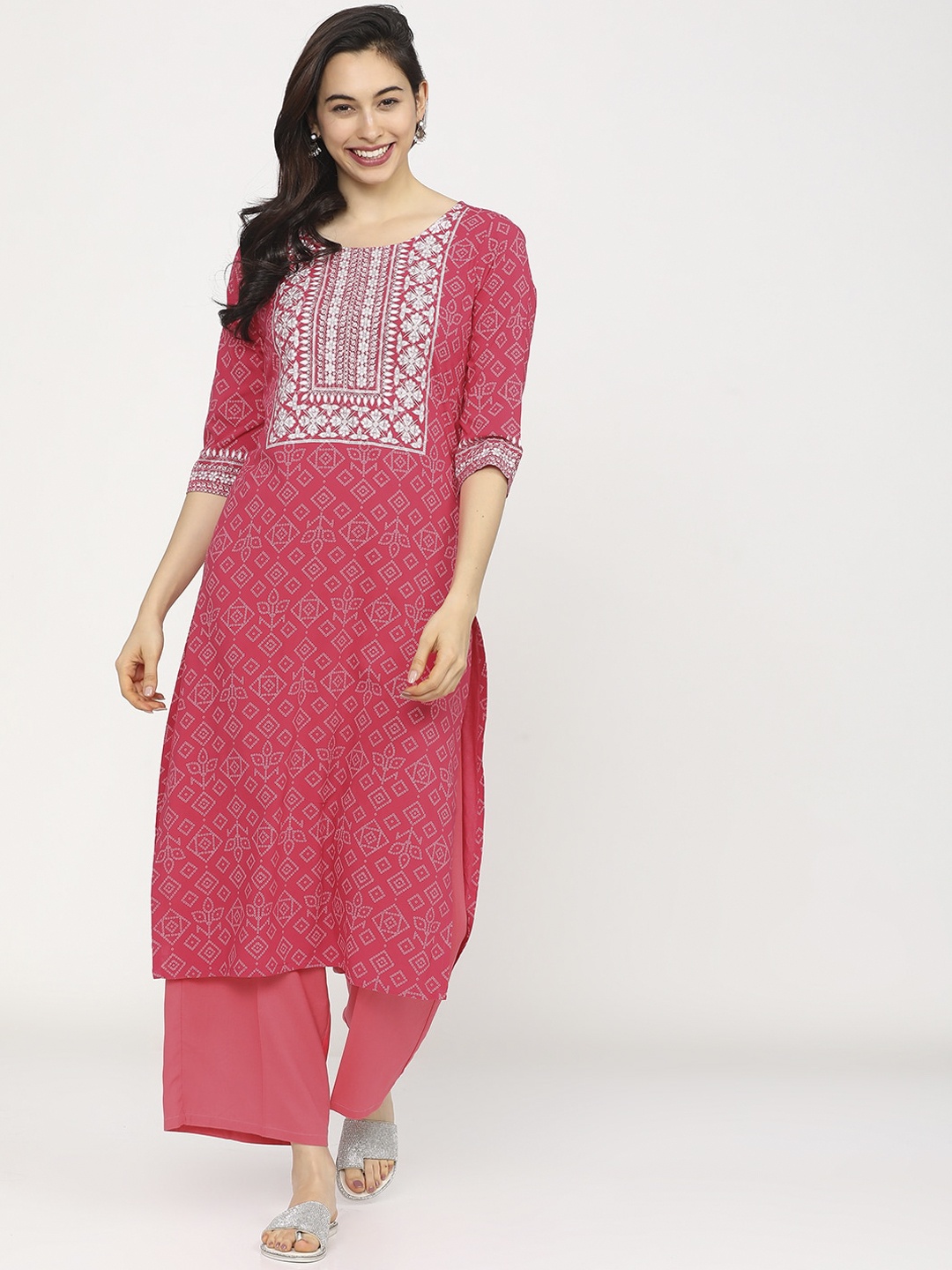 

Vishudh Women Pink Ethnic Motifs Printed Regular Thread Work Kurta with Palazzos