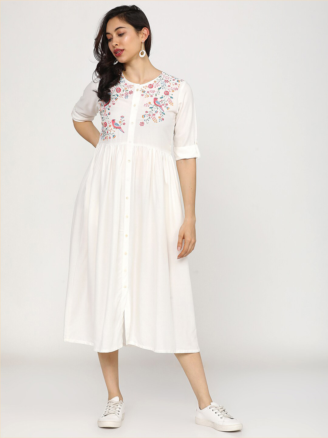 

Vishudh Ethnic Motifs Embroidered A-Line Midi Dress, Off white