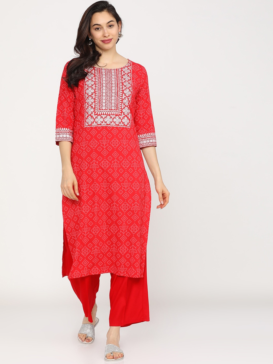 

Vishudh Women Red & White Ethnic Motifs Yoke Design Regular Kurta With Trousers