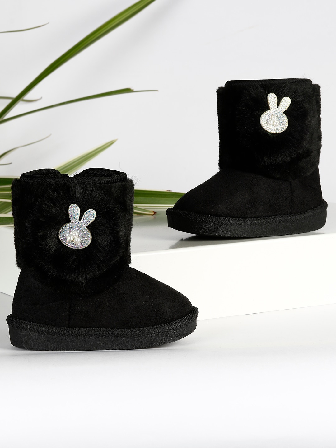 

PASSION PETALS Girls Black Woven Design Suede Flat Boots
