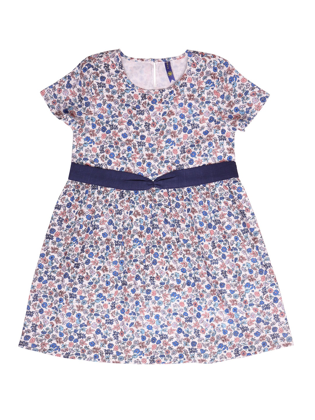 

YK Girls White & Blue Floral Printed Pure Cotton Dress