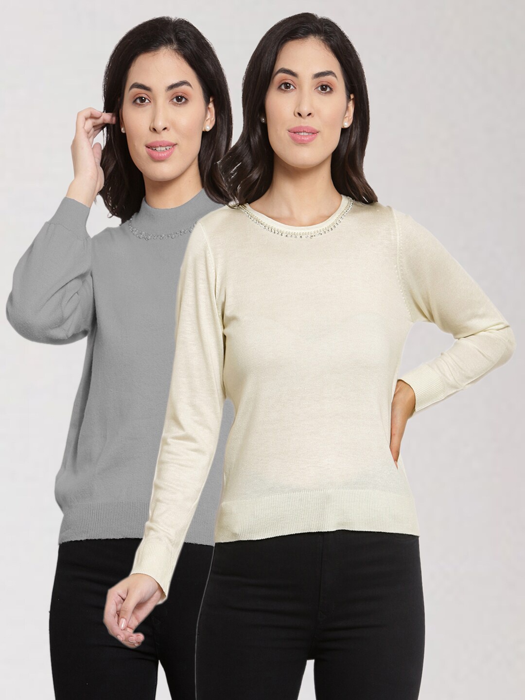 

KLOTTHE Set of 2 Women Grey & Cream-Coloured Pullover