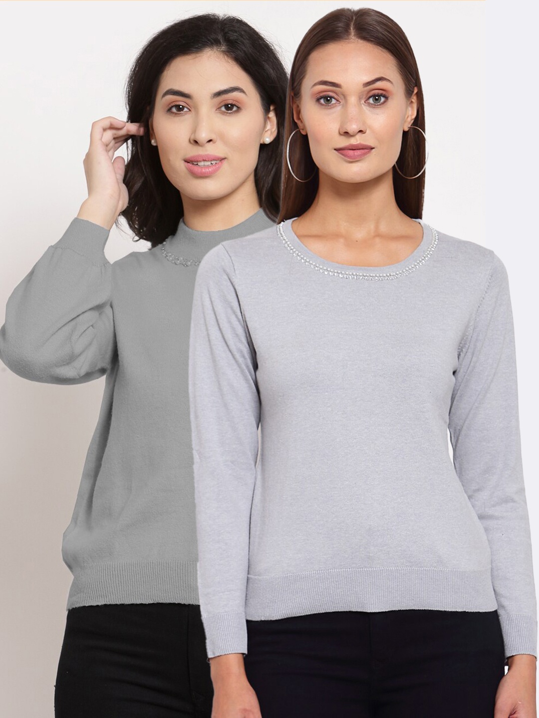 

KLOTTHE Women Pack Of 2 Grey & Grey Melange Wool Pullover