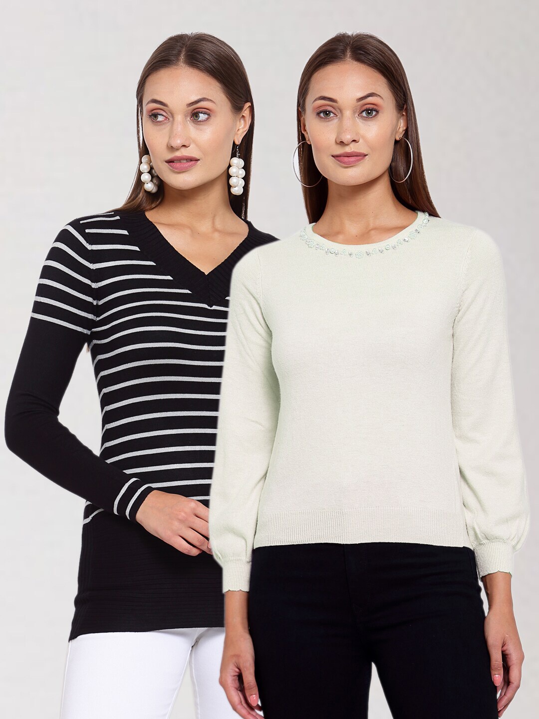 

KLOTTHE Women Pack of 2 Black & Off White Woolen Pullover Sweaters