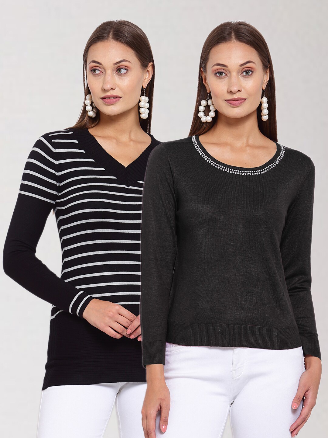 

KLOTTHE Set of 2 Women Black & White Striped Pullover
