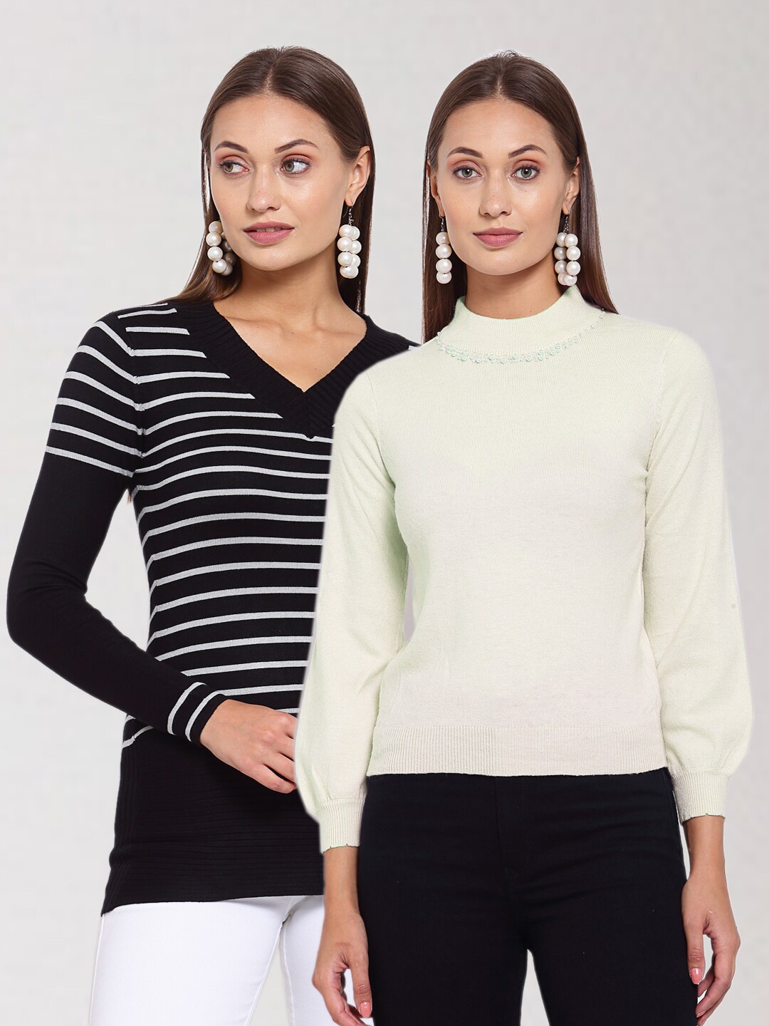 

KLOTTHE Women Pack Of 2 Black & White Striped Wool Pullover