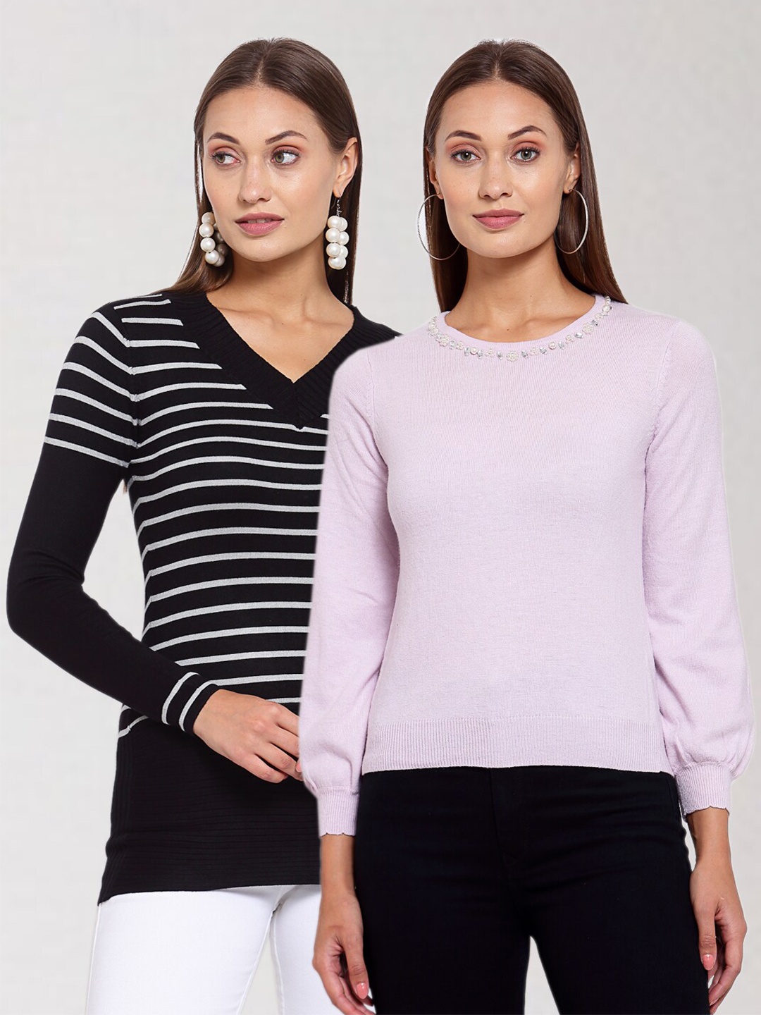 

KLOTTHE Women Pack Of 2 Black & Pink Striped Wool Pullover