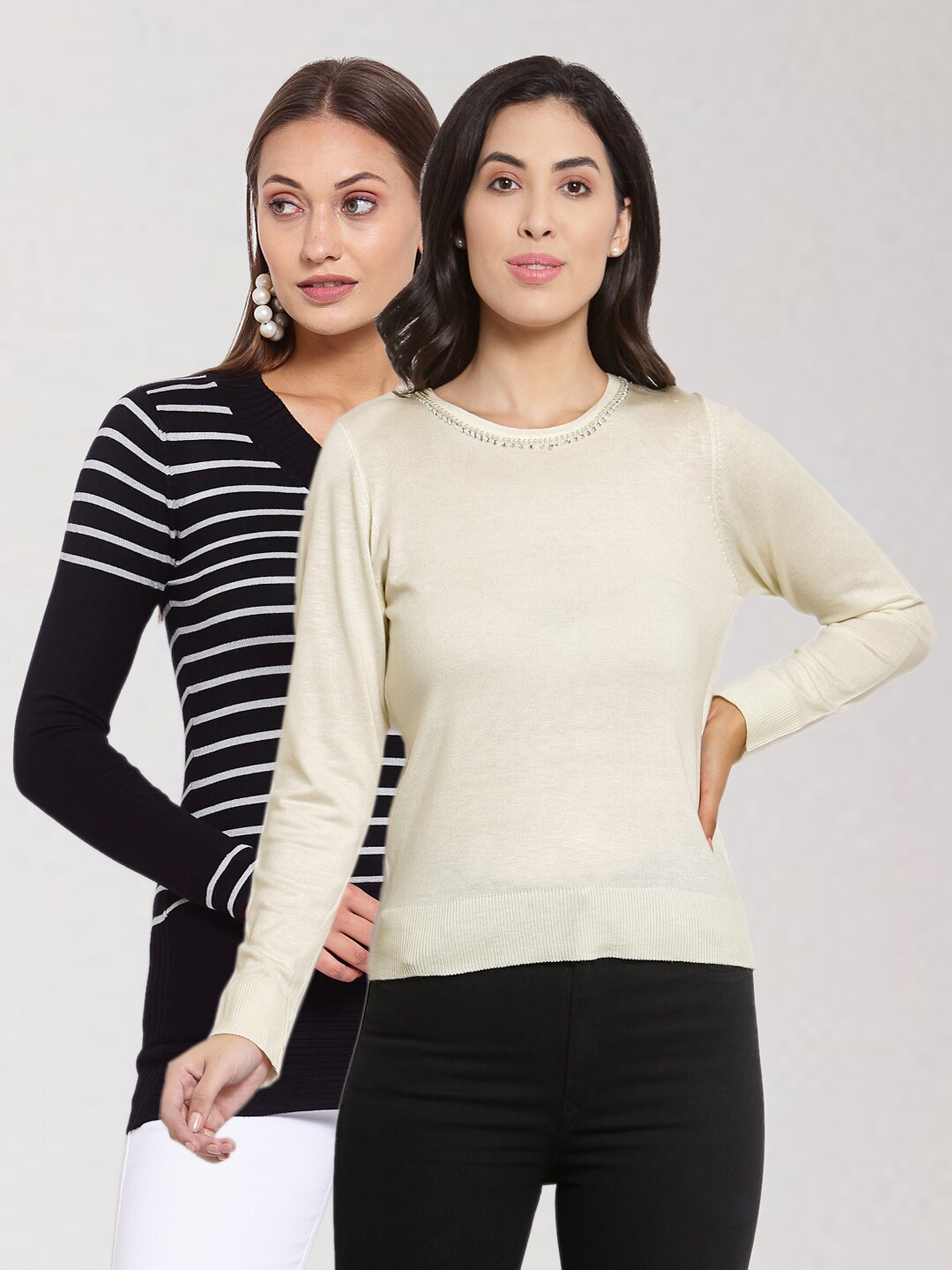 

KLOTTHE Women Black & Off White Pack Of 2 Sweatshirt