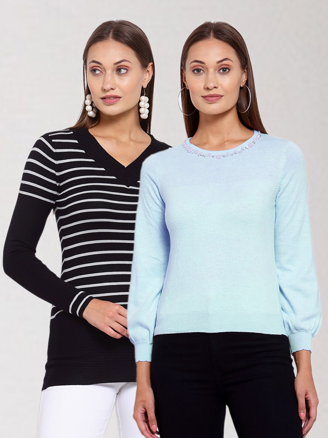 

KLOTTHE Set of 2 Women Black & Turquoise Blue Striped Pullover