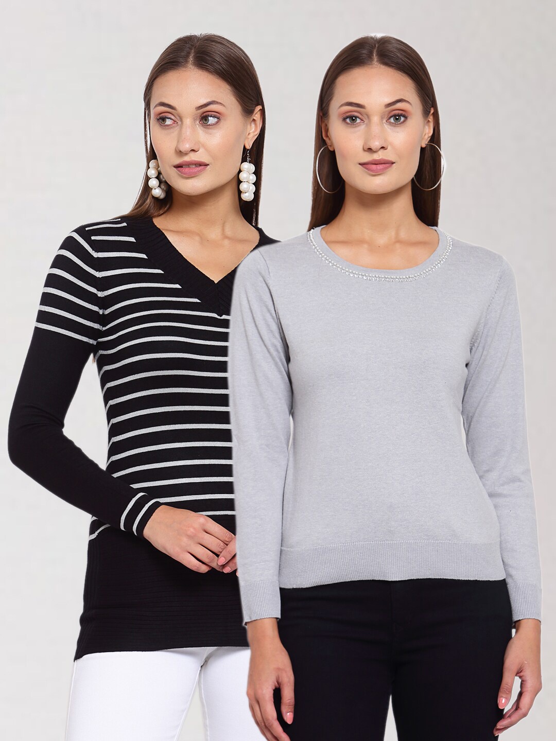 

KLOTTHE Women Pack Of 2 Black & Grey Striped Wool Pullover