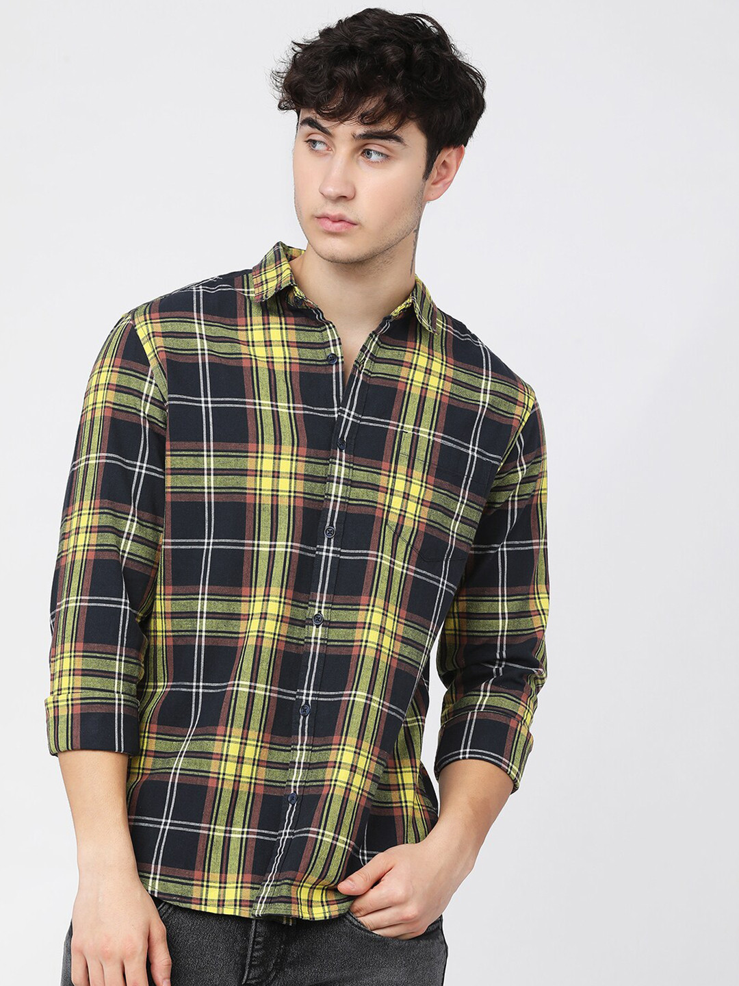 

HIGHLANDER Men Navy Blue Slim Fit Tartan Checks Opaque Checked Casual Shirt