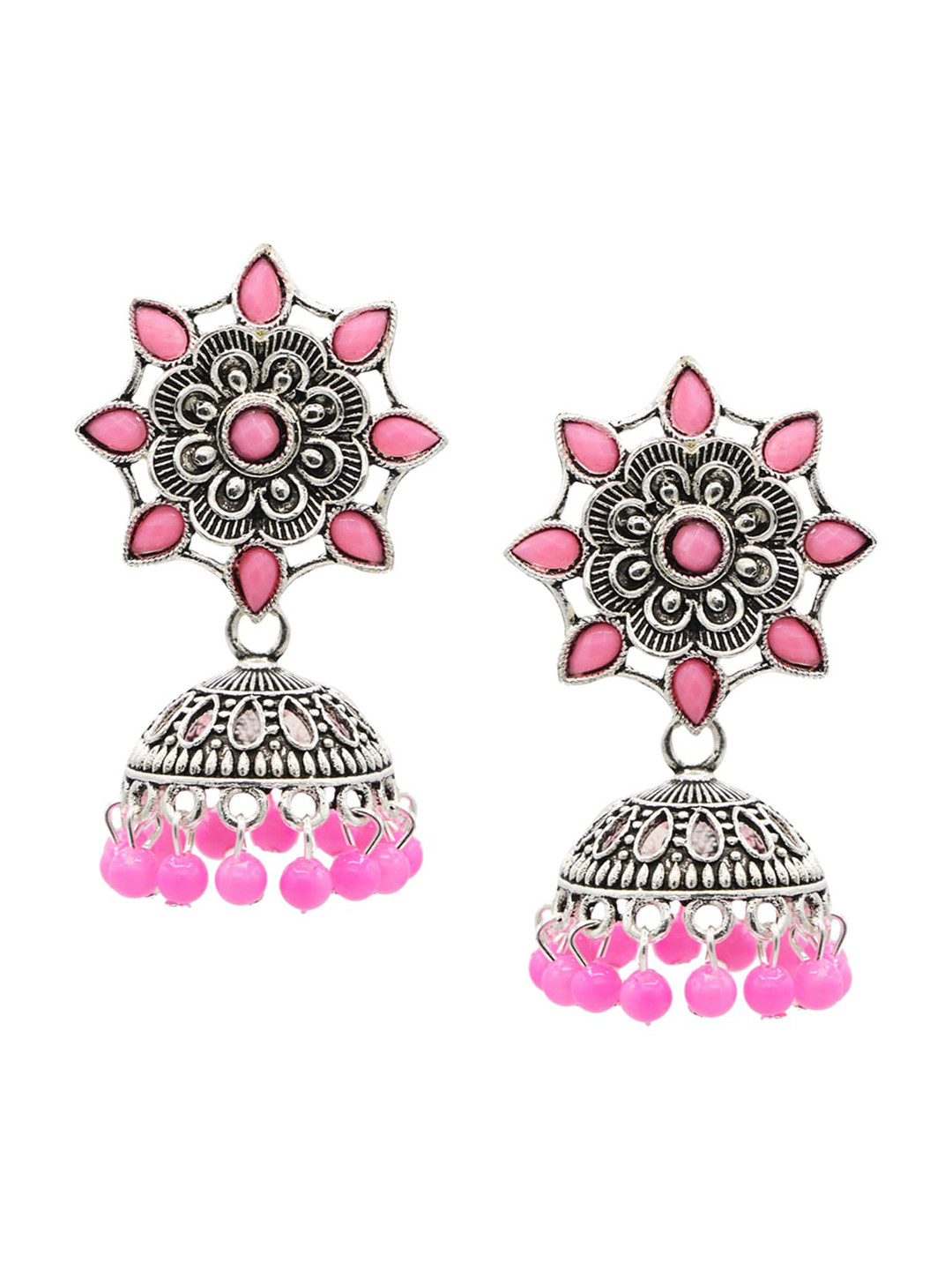 

ASMITTA JEWELLERY Silver-Plated & Pink Oxidised Dome Shaped Jhumkas