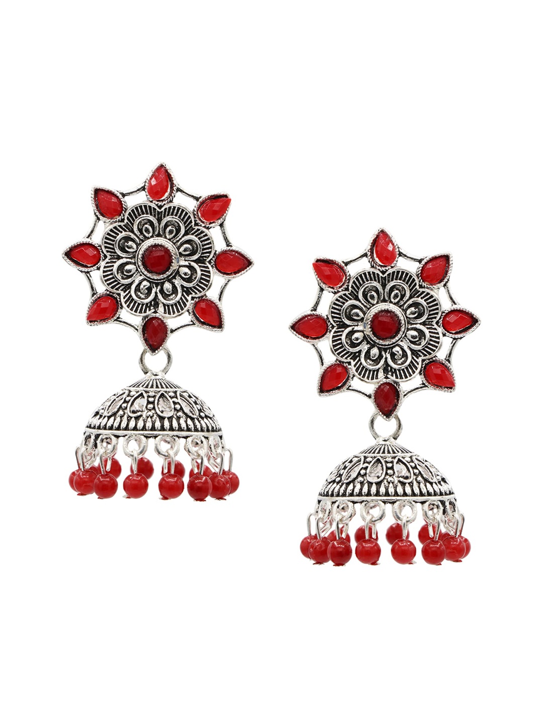 

ASMITTA JEWELLERY Red & Silver-Toned Contemporary Jhumkas Earrings