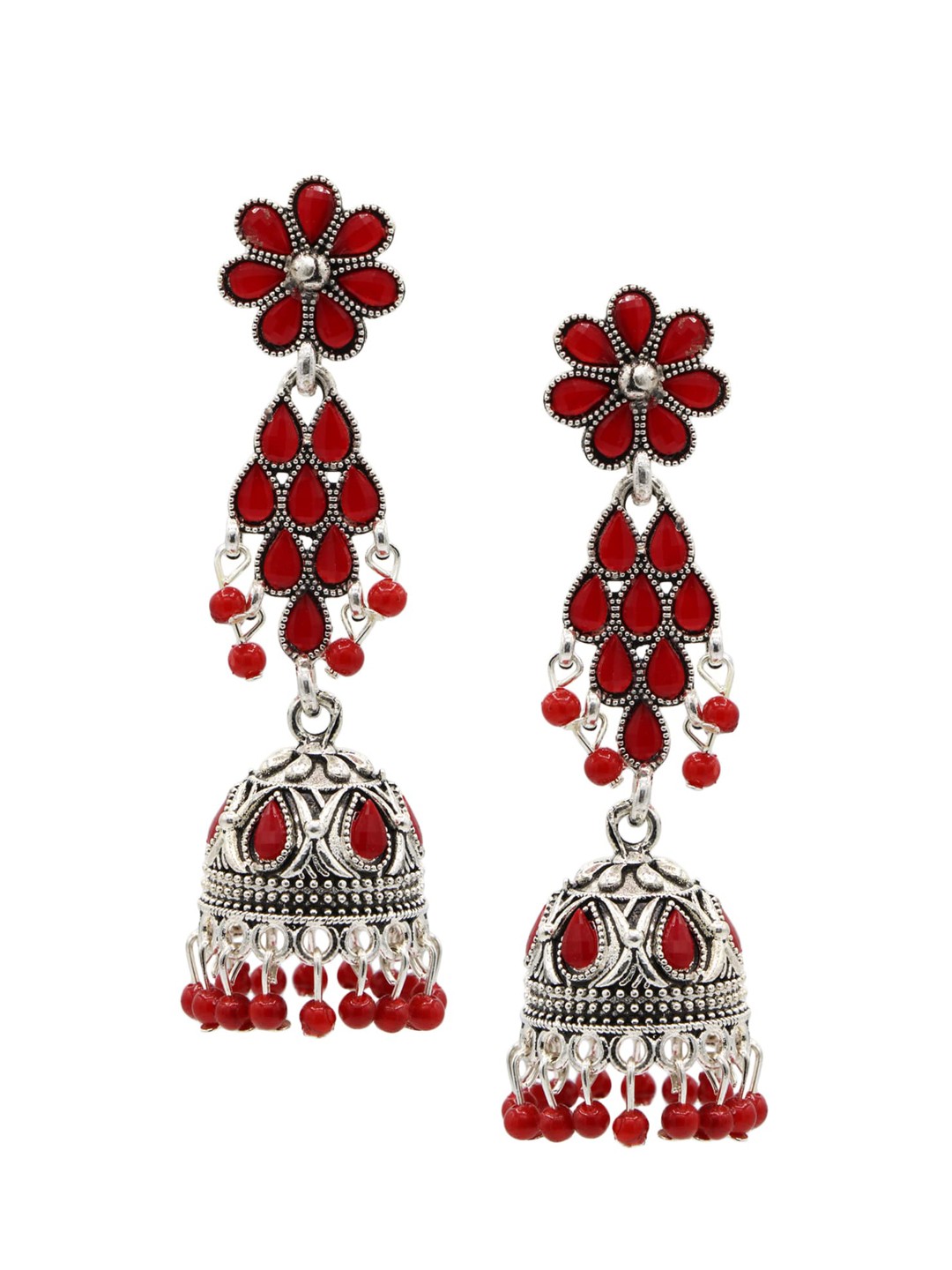

ASMITTA JEWELLERY Silver-Plated & Maroon Oxidised Dome Shaped Jhumkas