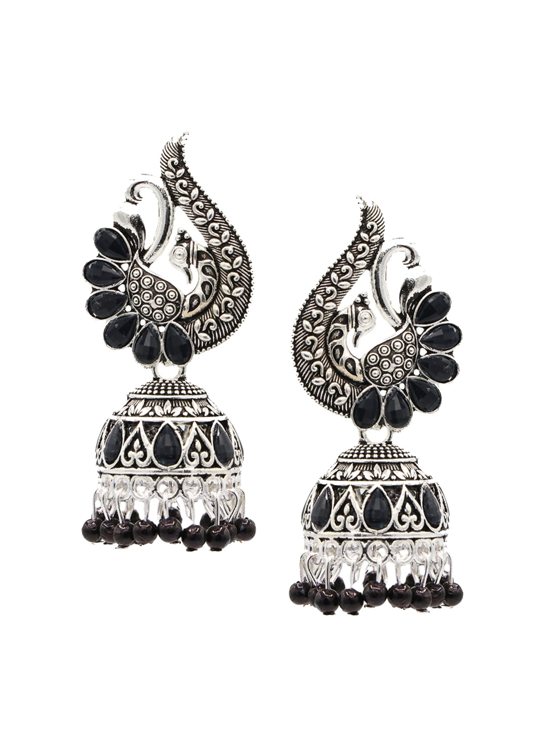 

ASMITTA JEWELLERY Black & Oxidized Silver-Plated Peacock Shaped Jhumkas Earrings