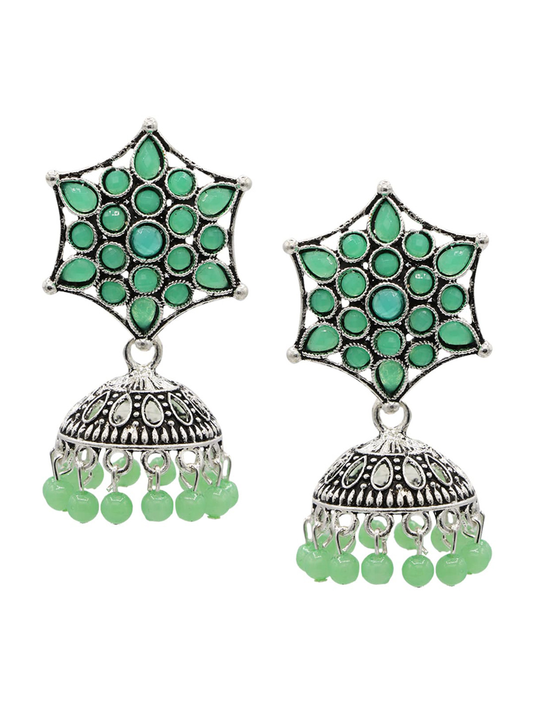 

ASMITTA JEWELLERY Lime Green & Oxidised Silver-Plated Dome-Shaped Jhumkas Earrings