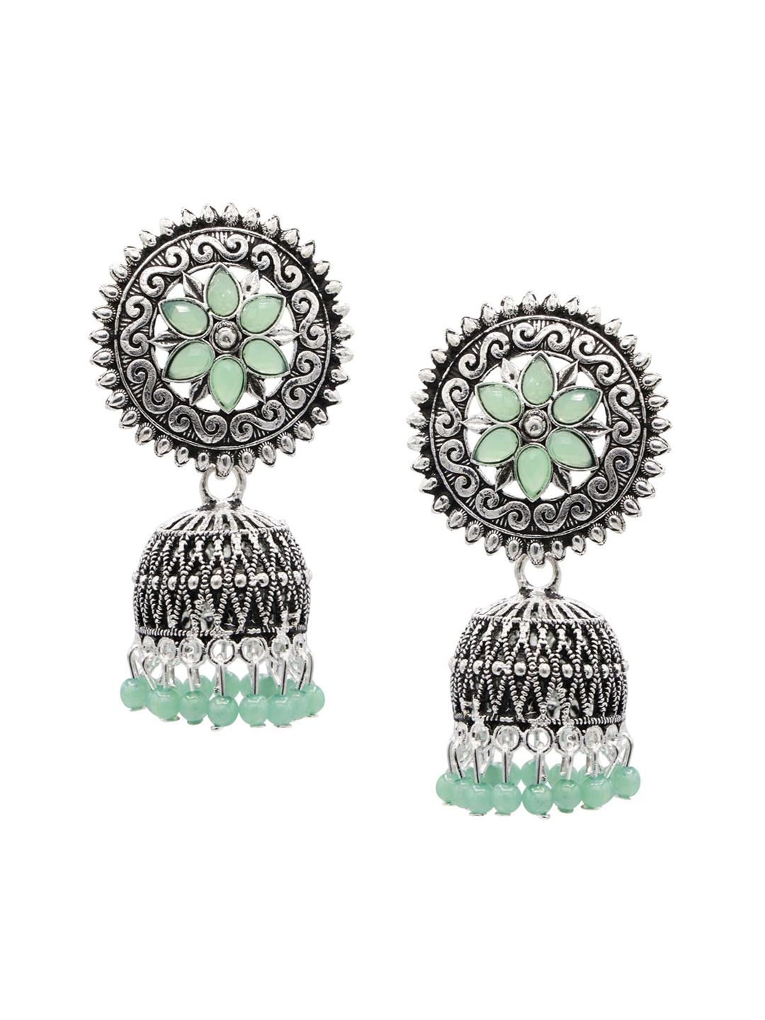 

ASMITTA JEWELLERY Silver-Plated & Green Oxidised Dome Shaped Jhumkas