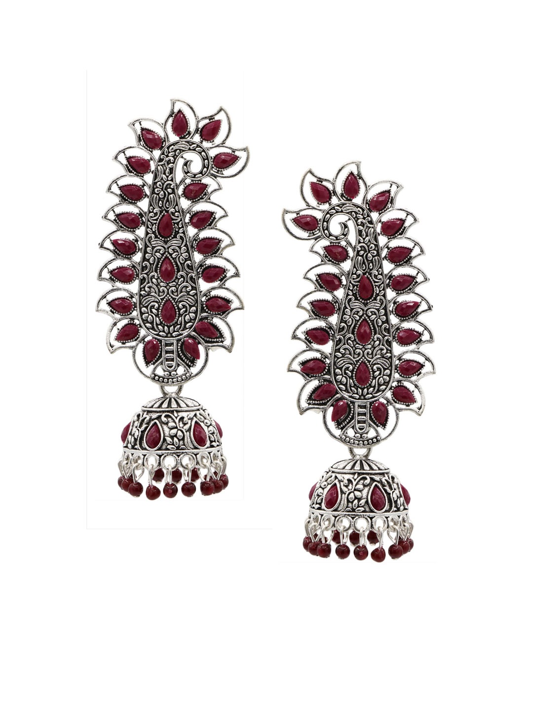 

ASMITTA JEWELLERY Maroon & Oxidized Silver-Plated Peacock Inspired Jhumkas Earrings