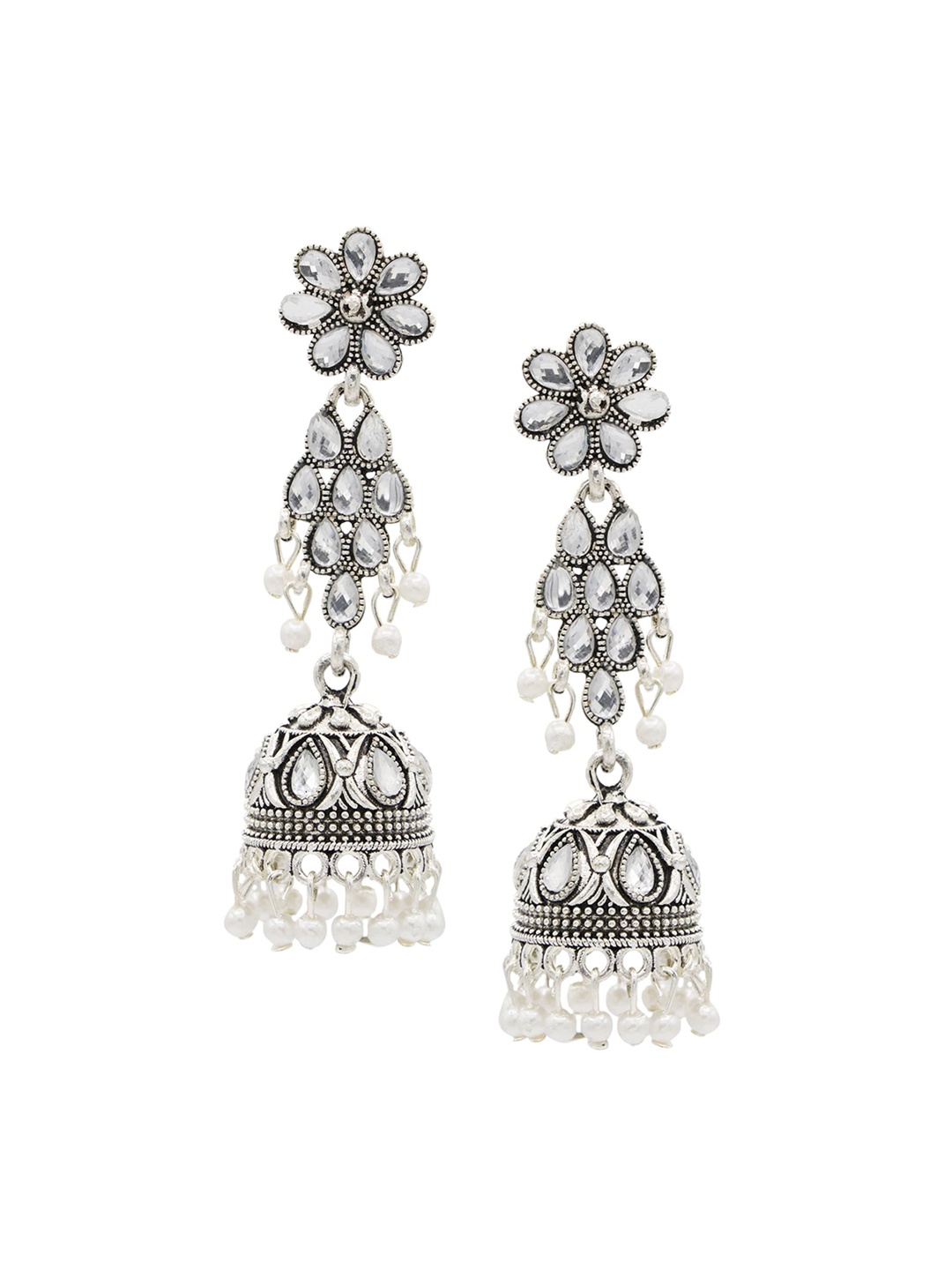 

ASMITTA JEWELLERY Silver-Toned & White Contemporary Jhumkas Earrings