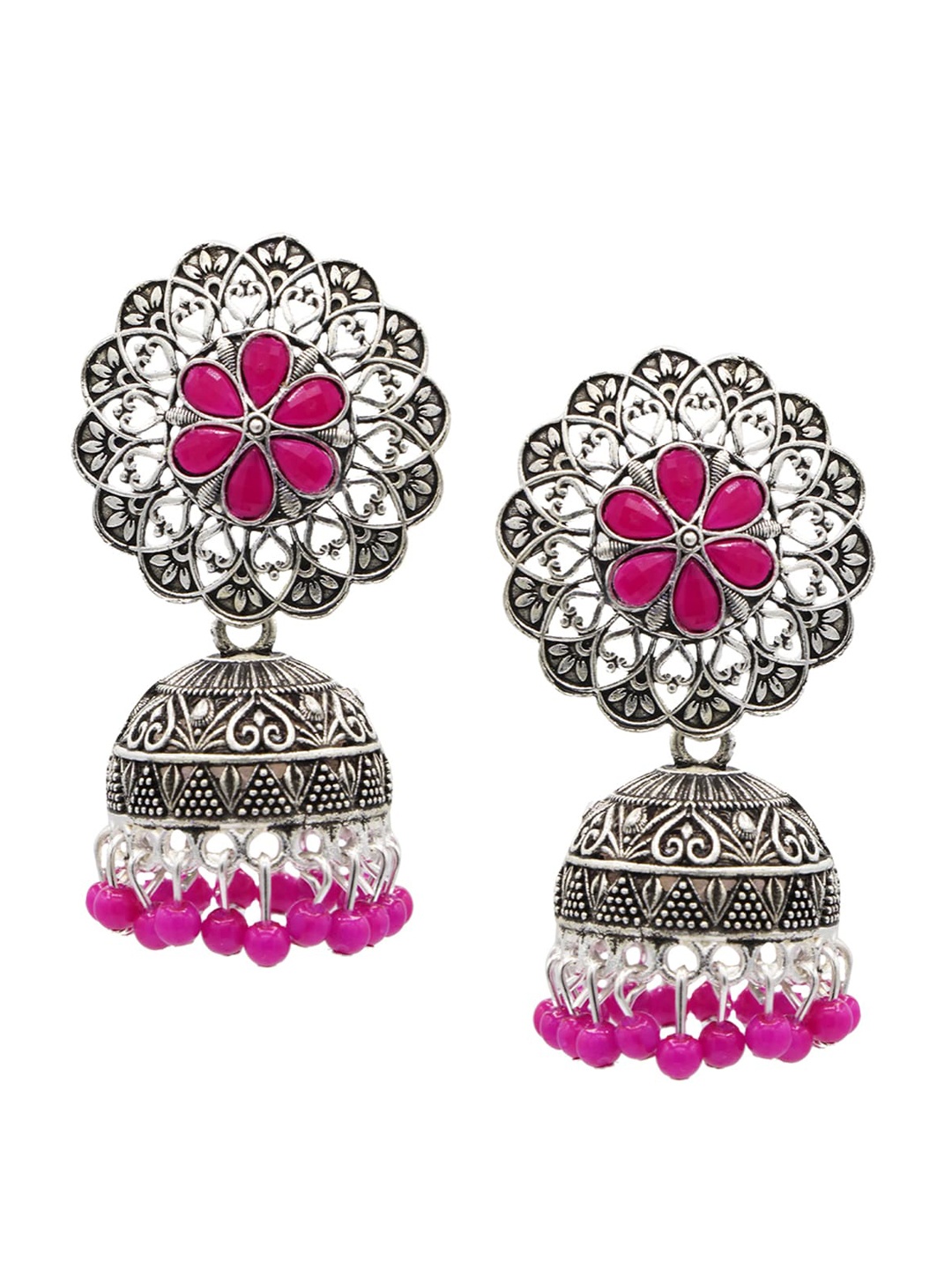 

ASMITTA JEWELLERY Silver-Plated & Fuchsia Pink Oxidised Dome Shaped Jhumkas