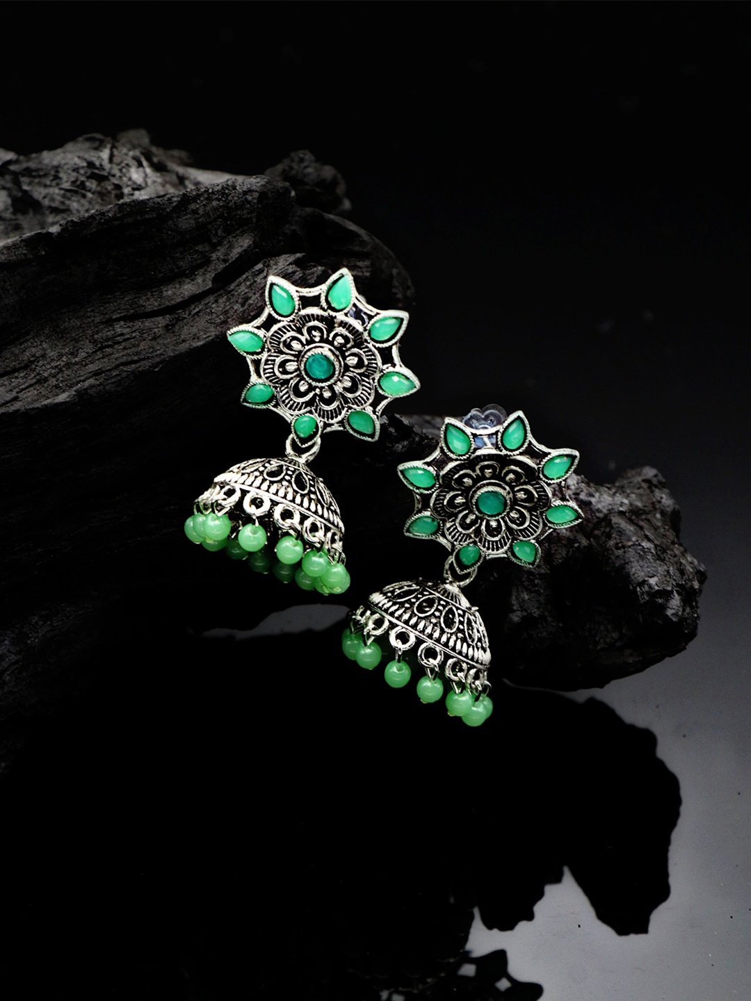 

ASMITTA JEWELLERY Green Stones Studded Contemporary Jhumkas Earrings