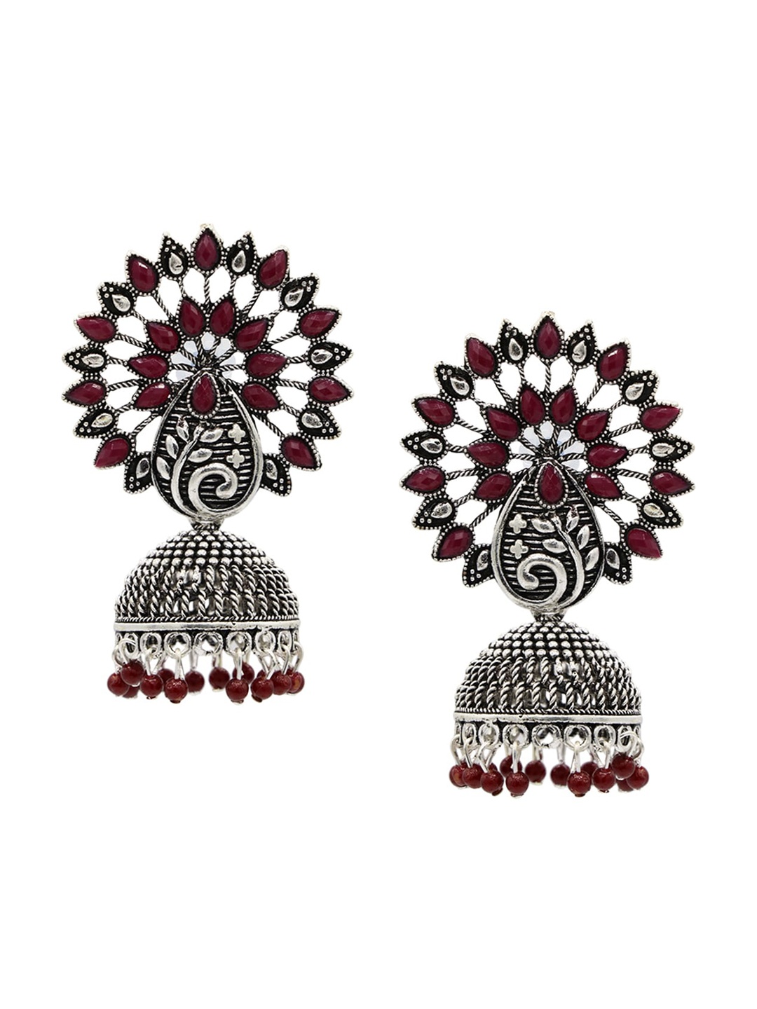 

ASMITTA JEWELLERY Silver-Plated & Maroon Oxidised Dome Shaped Jhumkas