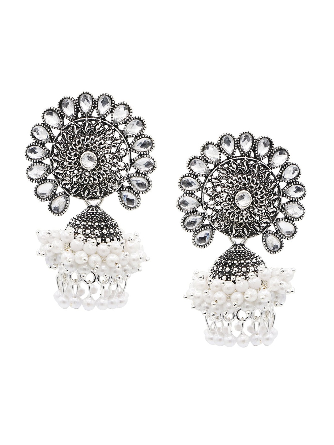

ASMITTA JEWELLERY Women Silver-Toned & White Pearl Beaded Oxidized Jhumka Earrings