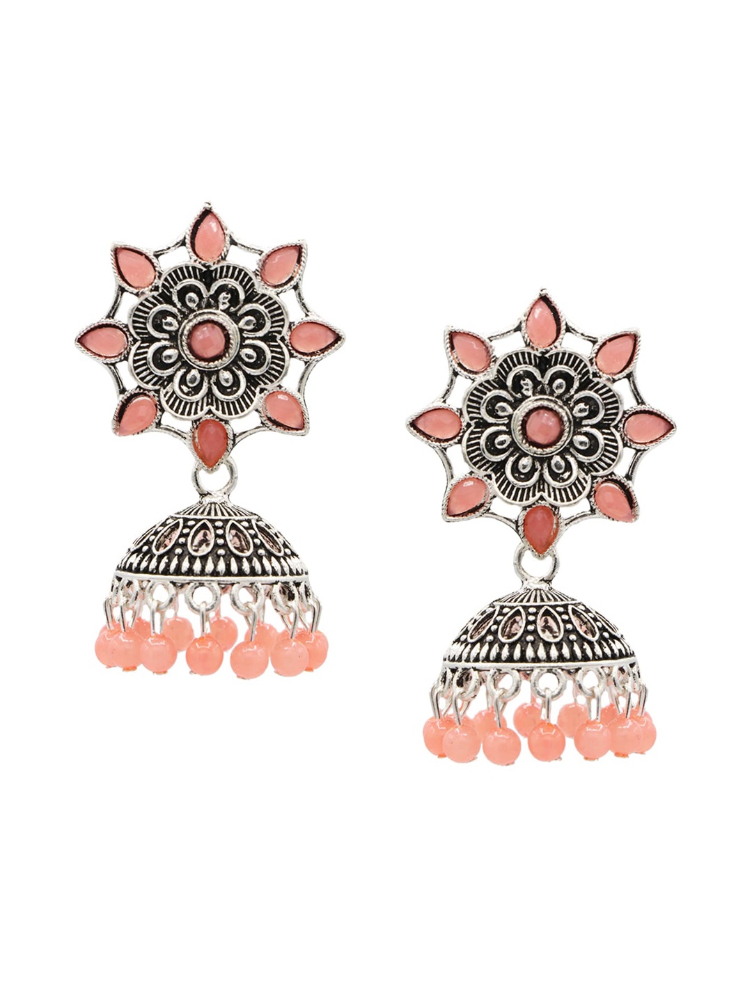 

ASMITTA JEWELLERY Peach-Coloured & Oxidized Silver-Plated Jhumkas Earrings