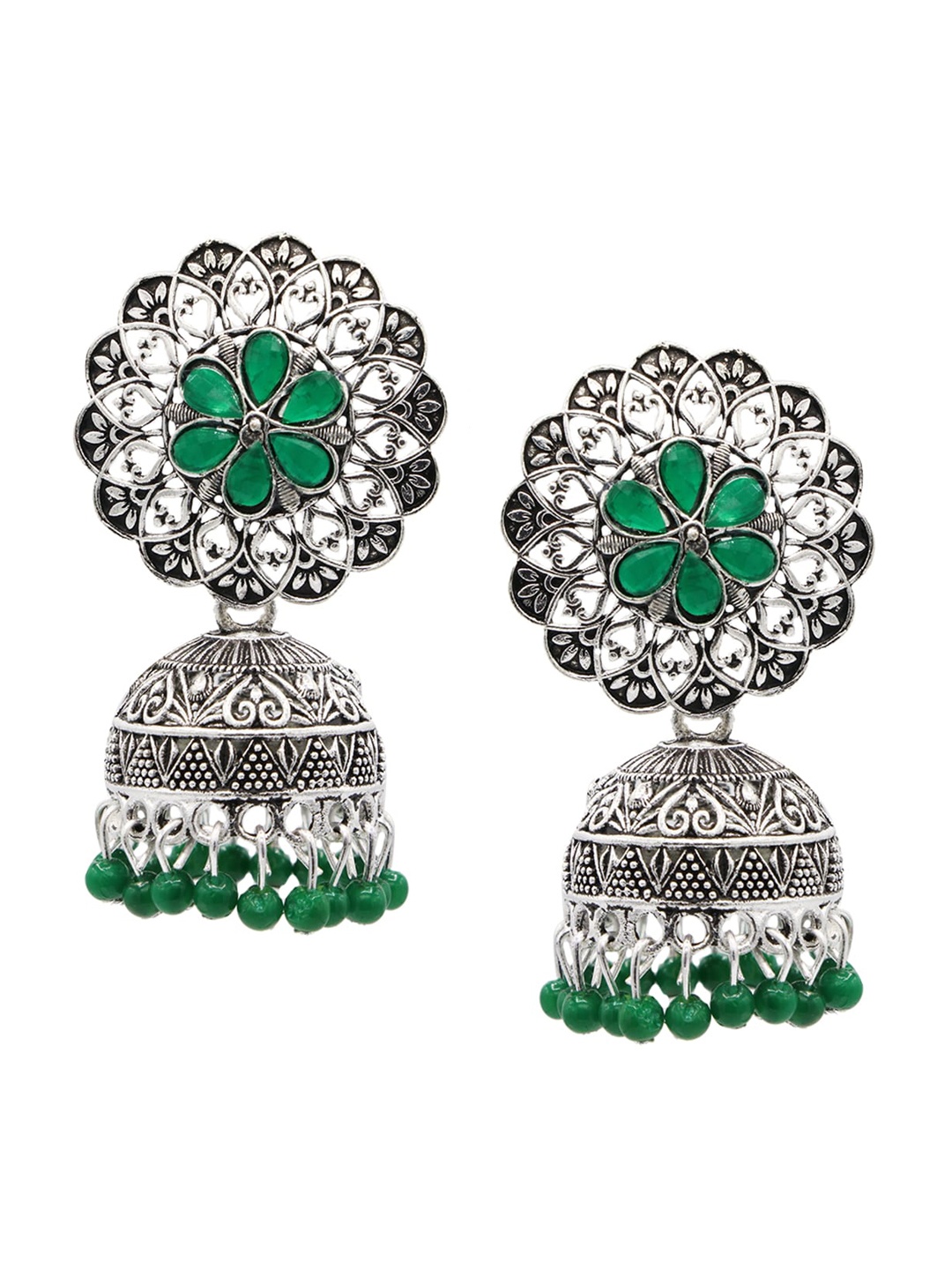

ASMITTA JEWELLERY Silver-Toned & Green Contemporary Jhumkas Earrings