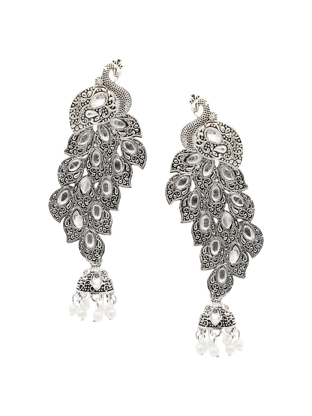 

ASMITTA JEWELLERY White & Oxidised Silver-Plated Peacock Shaped Jhumkas Earrings